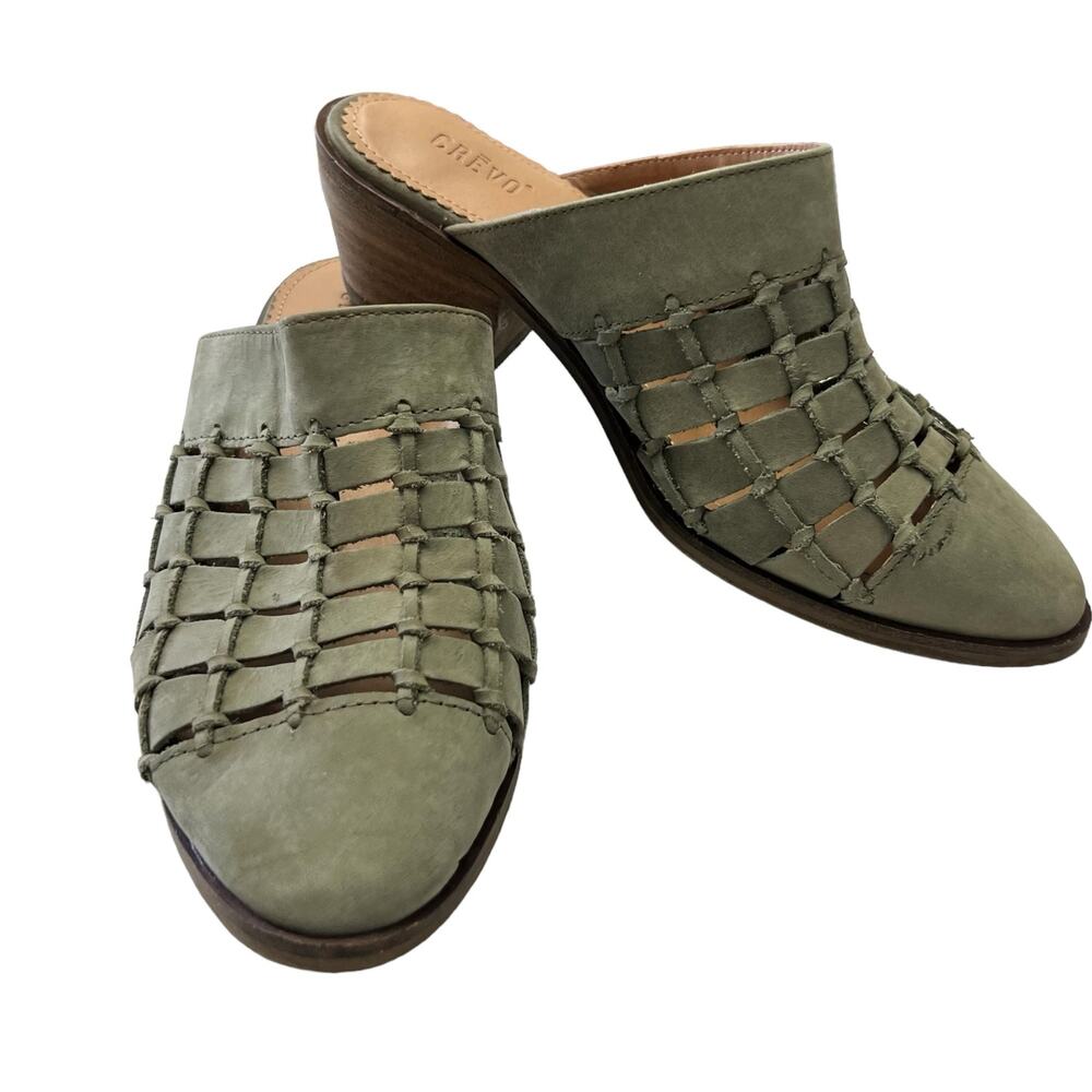 Crevo Women 8 Shoe Mule Leather Sage Slip On Clogs Basket Weave Suede Green Flaw